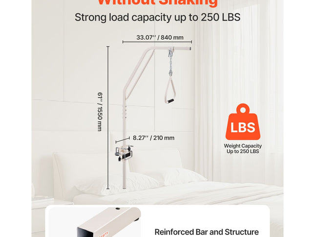 Trapeze Bar for Bed Mobility, Medical Bed Trapeze with Clamps & Metal Chain, 250LBS Weight Capacity Pull Up Assist Bar for Elderly & Disabled, Ideal for Home Care, Hospitals, Nursing Homes