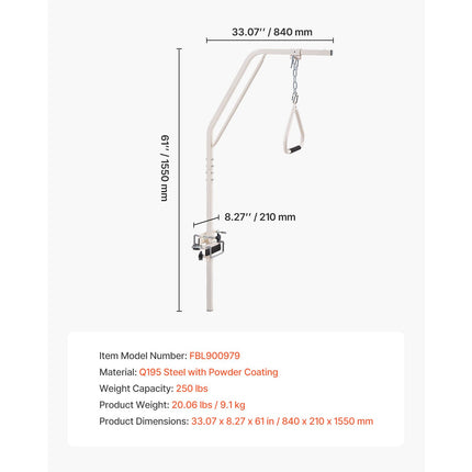 Trapeze Bar for Bed Mobility, Medical Bed Trapeze with Clamps & Metal Chain, 250LBS Weight Capacity Pull Up Assist Bar for Elderly & Disabled, Ideal for Home Care, Hospitals, Nursing Homes