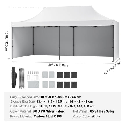 Pop Up Canopy Tent Outdoor Gazebo Tent 10x20FT with Sidewalls & Bag White