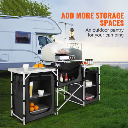 Camping Kitchen Table, Folding Outdoor Cooking Table with Storage Carrying Bag, Aluminum Cook Station 3 Cupboard & Detachable Windscreen, Quick Set-up for Picnics, BBQ, RV Traveling, Black