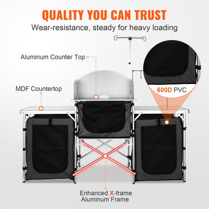 Camping Kitchen Table, Folding Outdoor Cooking Table with Storage Carrying Bag, Aluminum Cook Station 3 Cupboard & Detachable Windscreen, Quick Set-up for Picnics, BBQ, RV Traveling, Black