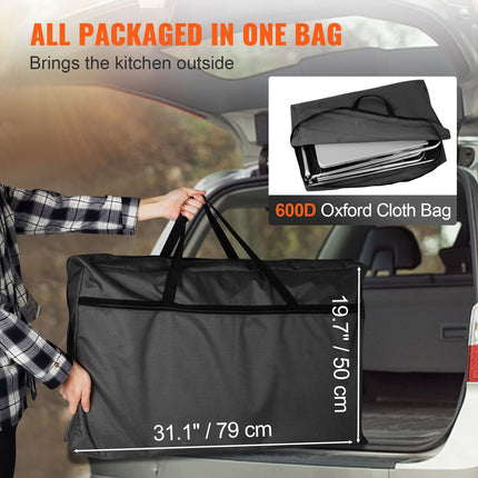 Camping Kitchen Table, Folding Outdoor Cooking Table with Storage Carrying Bag, Aluminum Cook Station 3 Cupboard & Detachable Windscreen, Quick Set-up for Picnics, BBQ, RV Traveling, Black