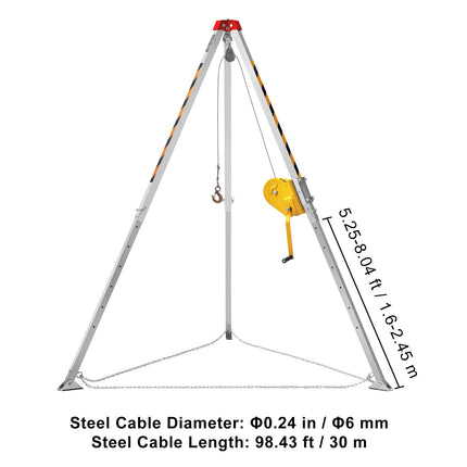 Confined Space Tripod Kit, 2600 lbs Winch, Confined Space Tripod 8' Legs and 98' Cable, Confined Space Rescue Tripod 32.8' Fall Protection, Harness, Storage Bag for Traditional Confined Spaces