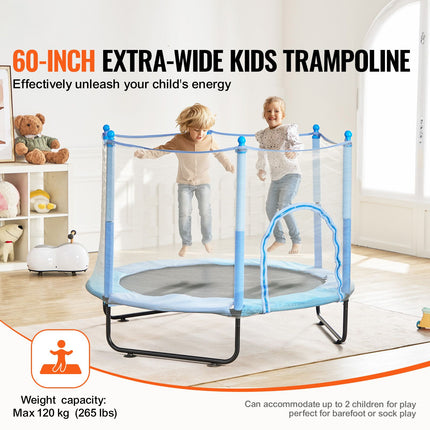60" Kids Trampoline, 5FT Indoor Outdoor Trampoline, Mini Toddler Recreational Trampolinewith Safety Enclosure Net and Basketball Hoop, Birthday Gifts Christmas Toys for 3+ Years Children, Blue