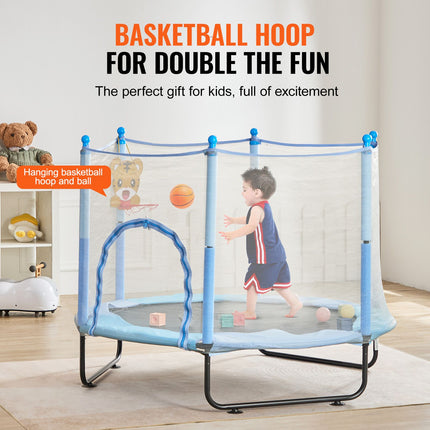 60" Kids Trampoline, 5FT Indoor Outdoor Trampoline, Mini Toddler Recreational Trampolinewith Safety Enclosure Net and Basketball Hoop, Birthday Gifts Christmas Toys for 3+ Years Children, Blue