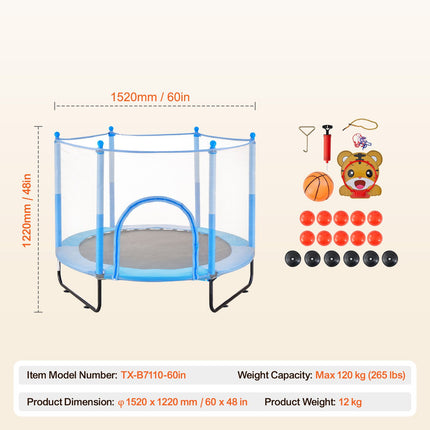 60" Kids Trampoline, 5FT Indoor Outdoor Trampoline, Mini Toddler Recreational Trampolinewith Safety Enclosure Net and Basketball Hoop, Birthday Gifts Christmas Toys for 3+ Years Children, Blue