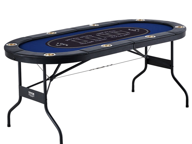 VEVOR 8 Player Foldable Poker Table, Blackjack Texas Holdem Poker Table with Padded Rails and Stainless Steel Cup Holders, Portable Folding Card Board Game Table,183cm Oval Casino Leisure Table, Blue