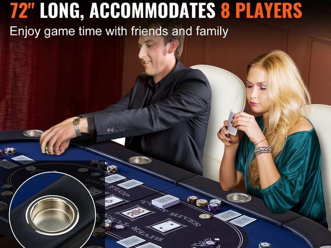 VEVOR 8 Player Foldable Poker Table, Blackjack Texas Holdem Poker Table with Padded Rails and Stainless Steel Cup Holders, Portable Folding Card Board Game Table,183cm Oval Casino Leisure Table, Blue