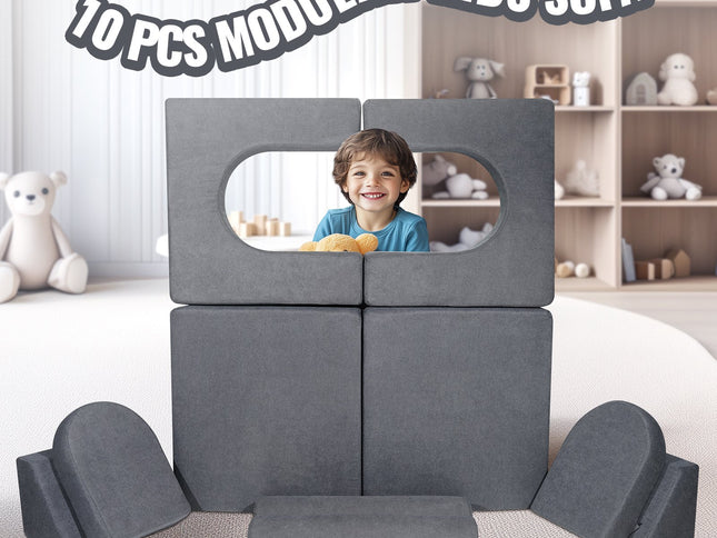 VEVOR Modular Kids Play Couch 10Pcs DIY Creative Toddler Sectional Sofa Grey