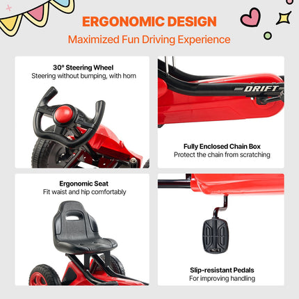 Go Kart 4 Wheel Pedal Ride On Toy for Kids Ages 3-8 Adjustable Seat Red