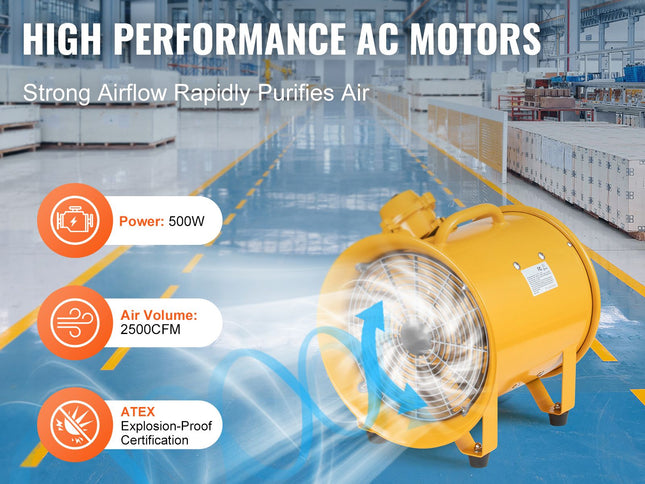 Portable Ventilator, 304.8mm/12inch Heavy Duty Cylinder Fan, 550W Strong Shop Exhaust Fan 2500CFM, 3m Power Cord (No charging head), Industrial Utility Blower for Sucking Dust, Smoke Home/Workplace