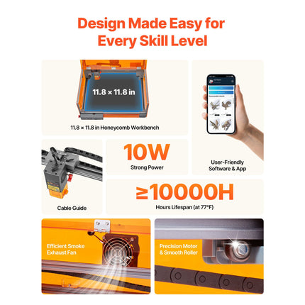 Laser Engraver, 10W, Laser Engraving and Cutting Machine with Enclosure, Laser Cutter Engraver Machine, 300 x 300 mm Working Area, 7000 mm/min, for Wood, Leather, Glass, Certain Metal, Class 1