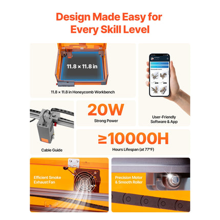 Laser Engraver, 20W, Laser Engraving and Cutting Machine with Enclosure, Laser Cutter Engraver Machine, 7000 mm/min, 300 x 300 mm Working Area, for Wood, Leather, Glass, Certain Metal, Class 1