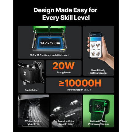 Laser Engraver, 20W, Laser Engraving and Cutting Machine with Enclosure Camera, Laser Cutter, 36000 mm/min, 500 x 320 mm Working Area, for Wood, Leather, Glass, Paper, Certain Metal, Class 1
