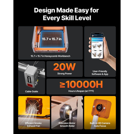 Laser Engraver, 20W, Laser Engraving and Cutting Machine with Enclosure Camera, Laser Cutter, 400 x 400 mm Working Area, 30000 mm/min, for Wood, Leather, Glass, Paper, Certain Metal, Class 1