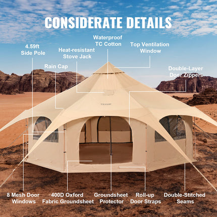 VEVOR Canvas Tent 4 Seasons 5 m/16.4 ft Bell Tent for Camping with Stove Jack