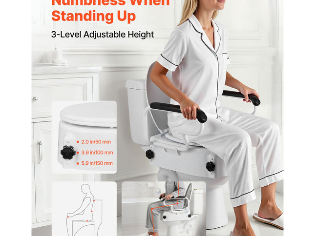 Raised Toilet Seat with Arms, 136.1 kg Load Capacity, 3-Level Adjustable Height, Widened Commode Elevated Toilet Seat Riser with Padded Handles for Seniors, Elderly, Handicap, Disabled, Adults