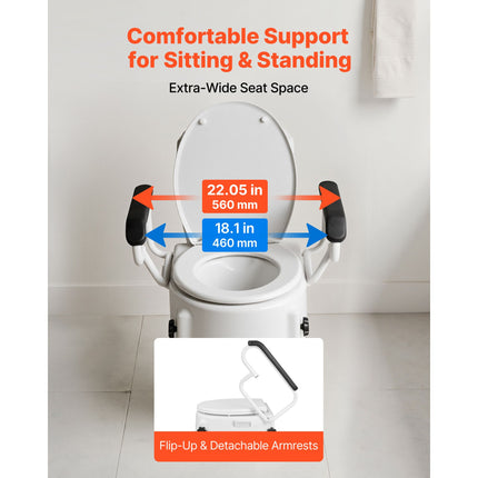 Raised Toilet Seat with Padded Arms ‚Äì 3 Height Levels, 136.1kg Capacity