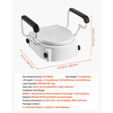 Raised Toilet Seat with Padded Arms ‚Äì 3 Height Levels, 136.1kg Capacity