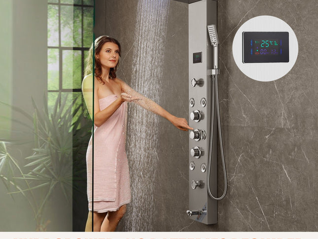 VEVOR Shower Panel System, 6 Shower Modes, LED & Screen Hydroelectricity Shower Panel Tower, Rainfall, Waterfall, 8 Massage Jets, Tub Spout, Handheld Shower, Stainless Steel Wall-Mounted Shower Set