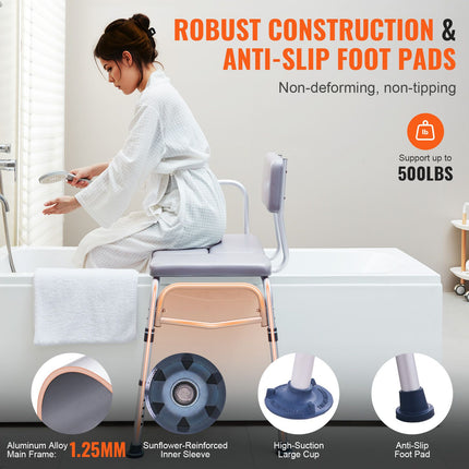 Padded Tub Transfer Bench with Armrest & Reversible Backrest ‚Äì Non-Slip, 500lbs Capacity