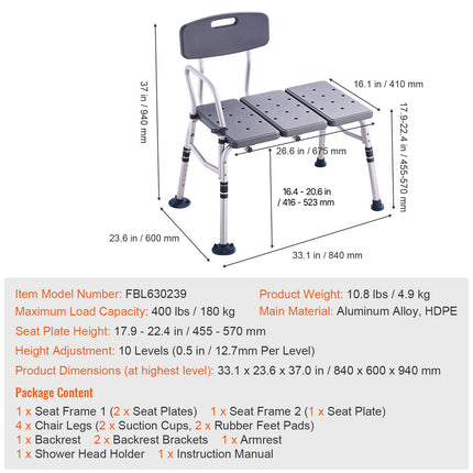 Adjustable Tub Transfer Bench with Armrest & Reversible Backrest ‚Äì Non-Slip, 400lbs Capacity