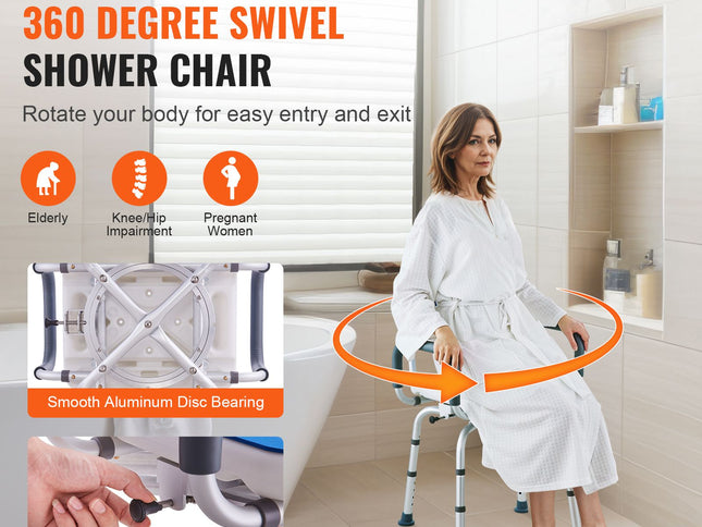 Swivel Shower Chair 360 Degree, Adjustable Shower Seat with Armrests and Backrest for Inside Shower or Bathtub, Non-Slip Rotating Bathtub Chair Seat for Elderly Disabled Injured, 400lbs Capacity