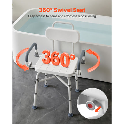 Swivel Shower Chair with Arms and Back, 227 kg Load Heavy Duty Bench Seat for Inside Shower Stall and Bathtub, Height Adjustable Bathroom Bath Tub Seat for Adults, Seniors, Elderly and Disabled
