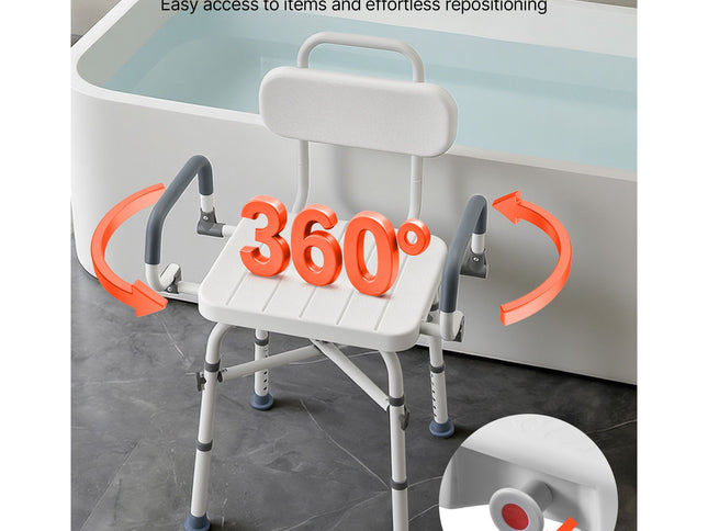 Swivel Shower Chair with Arms and Back, 227 kg Load Heavy Duty Bench Seat for Inside Shower Stall and Bathtub, Height Adjustable Bathroom Bath Tub Seat for Adults, Seniors, Elderly and Disabled