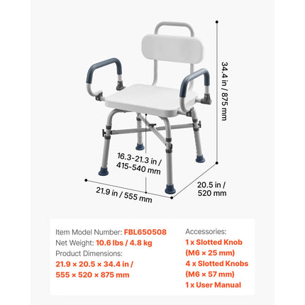 Swivel Shower Chair with Arms and Back, 227 kg Load Heavy Duty Bench Seat for Inside Shower Stall and Bathtub, Height Adjustable Bathroom Bath Tub Seat for Adults, Seniors, Elderly and Disabled