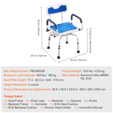 360¬∞ Swivel Shower Chair with Pivoting Arms ‚Äì Adjustable Height, Non-Slip, 400lbs Capacity