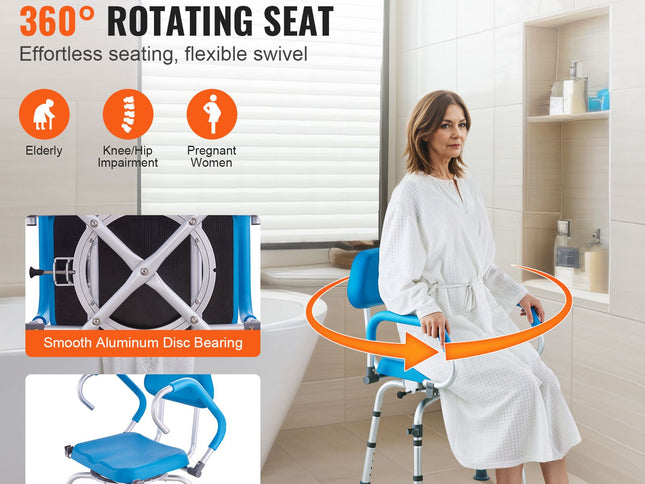 Swivel Shower Chair 360 Degree, Adjustable Shower Seat with Pivoting Arms & Padded Bath Seat for Inside Shower or Tub, Non-Slip Rotating Bathtub Chair for Elderly Disabled, 300LBS Capacity