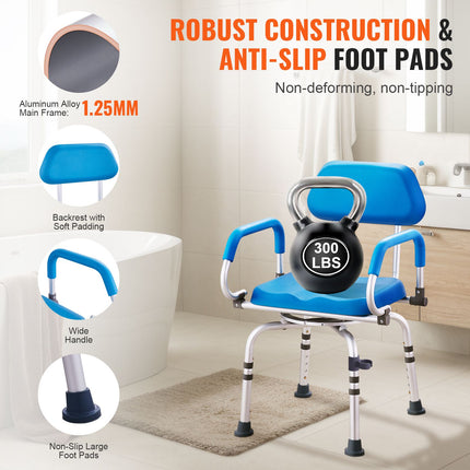 360¬∞ Swivel Shower Chair with Pivoting Arms & Padded Seat ‚Äì Adjustable Height, 300lbs Capacity