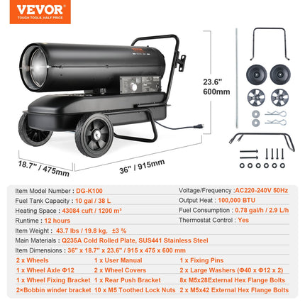 100000Btu Kerosene/Diesel Forced Air Torpedo Space Heater with Thermostat
