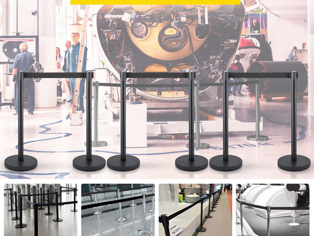 Crowd Control Stanchions, Set of 6 ‚Äì Black 6.6ft/2m Retractable Belt, Concrete & Metal Base