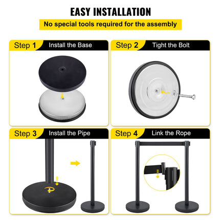Crowd Control Stanchion, Set of 6 Pieces Stanchion Set, Stanchion Set with 6.6 ft/2 m Black Retractable Belt, Black Crowd Control Barrier with Concrete and Metal Base – Easy Connect Assembly