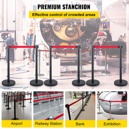 Black Crowd Control Stanchions, Set of 6 ‚Äì Red 6.6ft/2m Retractable Belt, Rubber Base