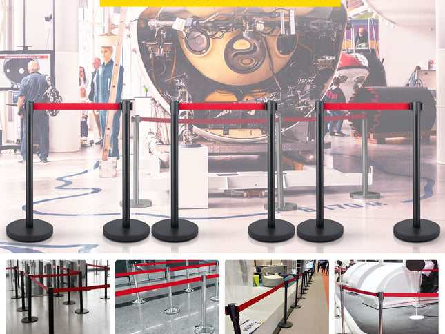 Crowd Control Stanchion, Set of 6 Pieces Stanchion Set, Stanchion Set with 6.6 ft/2 m Red Retractable Belt, Crowd Control Barrier with Rubber Base – Easy Connect Assembly for Crowd Control (Black)
