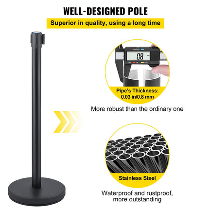 Black Crowd Control Stanchions, Set of 6 ‚Äì Red 6.6ft/2m Retractable Belt, Rubber Base