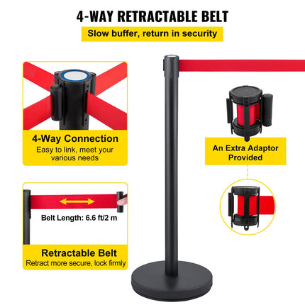 Black Crowd Control Stanchions, Set of 6 ‚Äì Red 6.6ft/2m Retractable Belt, Rubber Base