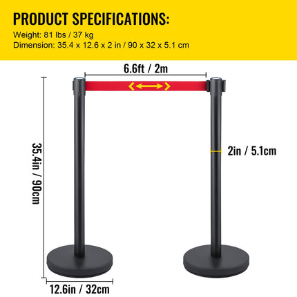 Black Crowd Control Stanchions, Set of 6 ‚Äì Red 6.6ft/2m Retractable Belt, Rubber Base