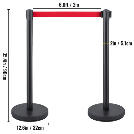 Black Crowd Control Stanchions, Set of 6 ‚Äì Red 6.6ft/2m Retractable Belt, Rubber Base