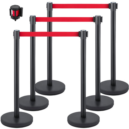Black Crowd Control Stanchions, Set of 6 ‚Äì Red 6.6ft/2m Retractable Belt, Rubber Base