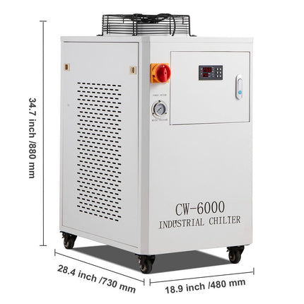 Industrial Water Chiller, CW6000, 1500W Industrial Water Cooler Cooling System with Compressor 15L Water Tank Capacity 65 L/min Max Flow Rate, for CO2 Laser Engraving Machine Cooling Machine