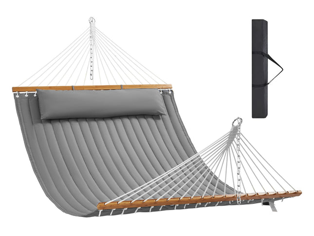VEVOR Double Quilted Fabric Hammock, 12 FT Double Hammock with Hardwood Spreader Bars, 2 Person Quilted Hammock with Detachable Pillow and Chains for Camping Outdoor Patio Yard Beach, 480 lbs Capacity