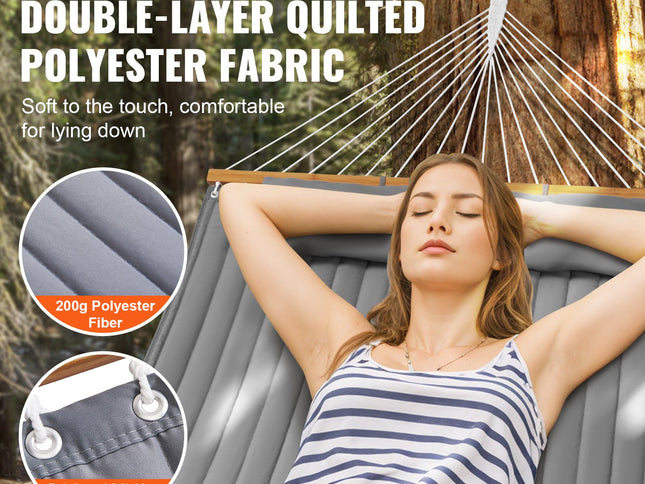 VEVOR Double Quilted Fabric Hammock, 12 FT Double Hammock with Hardwood Spreader Bars, 2 Person Quilted Hammock with Detachable Pillow and Chains for Camping Outdoor Patio Yard Beach, 480 lbs Capacity