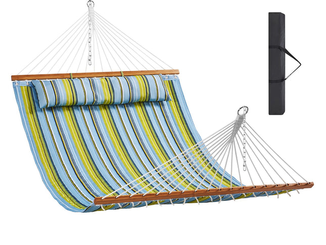 VEVOR Double Quilted Fabric Hammock, 12 FT Double Hammock with Hardwood Spreader Bars, 2 Person Quilted Hammock with Detachable Pillow and Chains for Camping Outdoor Patio Yard Beach, 480 lbs Capacity
