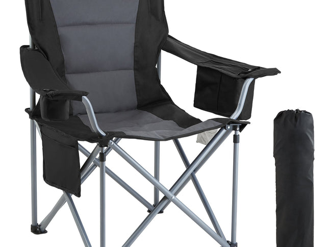 VEVOR Camping Folding Chair for Adults, Portable Heavy Duty Outdoor Quad Lumbar Back Padded Arm Chairs with Side Pockets, Cup Holder and Cooler Bag for Beach, Lawn, Picnic, Fishing, Backpacking, Black