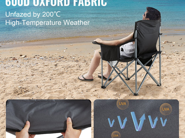 VEVOR Camping Folding Chair for Adults, Portable Heavy Duty Outdoor Quad Lumbar Back Padded Arm Chairs with Side Pockets, Cup Holder and Cooler Bag for Beach, Lawn, Picnic, Fishing, Backpacking, Black