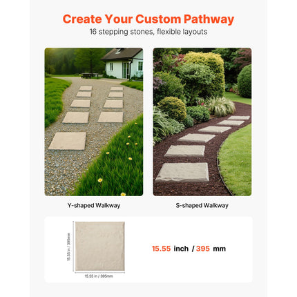 Garden Stepping Stones, 16Pcs 39.5x39.5 cm, Decorative Stepping Stones with Stakes, Weather-Resistant Plastic Pathway Pavers, Smooth Surface, Outdoor Walkway for Lawn Patio Landscape, Beige